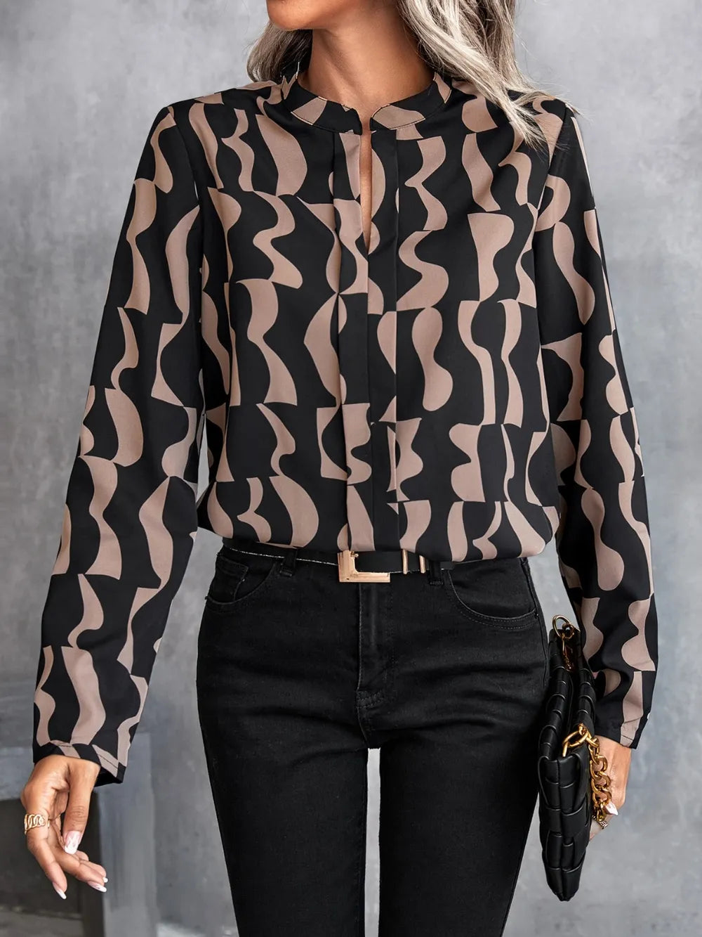 Printed Notched Long Sleeve Blouse - LODIMAE FASHION 