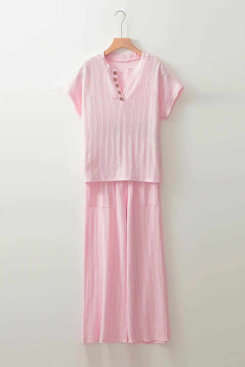 Textured Short Sleeve Top and Pocketed Wide Leg Pants - LODIMAE FASHION 