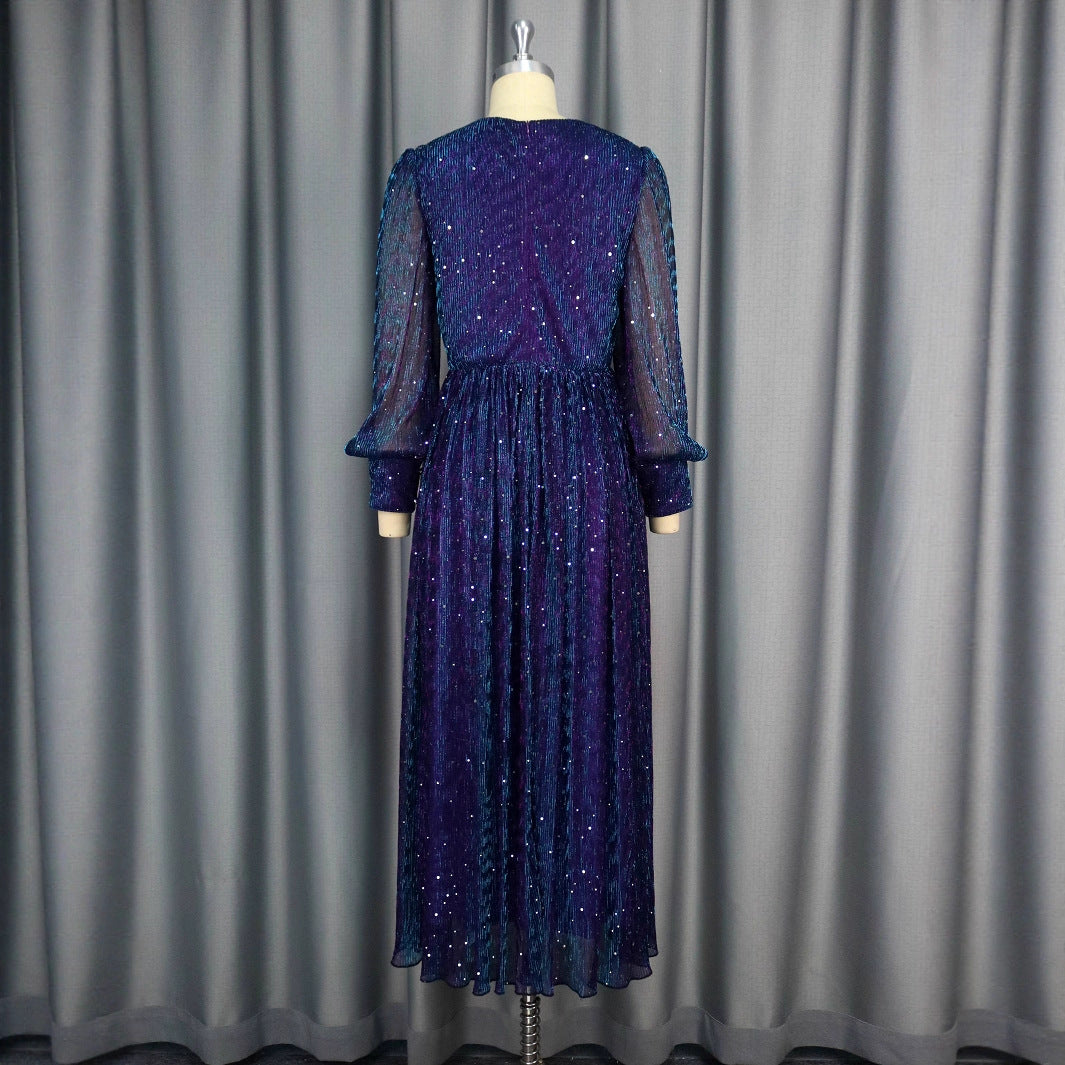 Sexy V-neck Sequined Long Sleeve Dress Purple Slim Fit - LODIMAE FASHION 