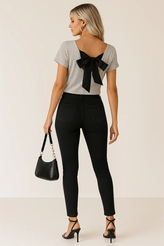 Back Bow Tie Ribbed Knit Top - LODIMAE FASHION 