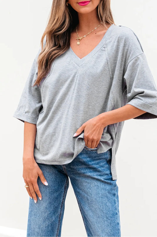 High Raglan Half Sleeve V Neck Oversized T Shirt - LODIMAE FASHION 