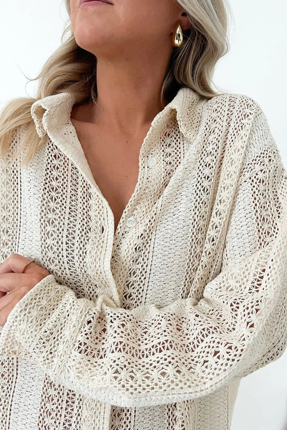 Lace Crochet Collared Neck Oversized Shirt - LODIMAE FASHION 
