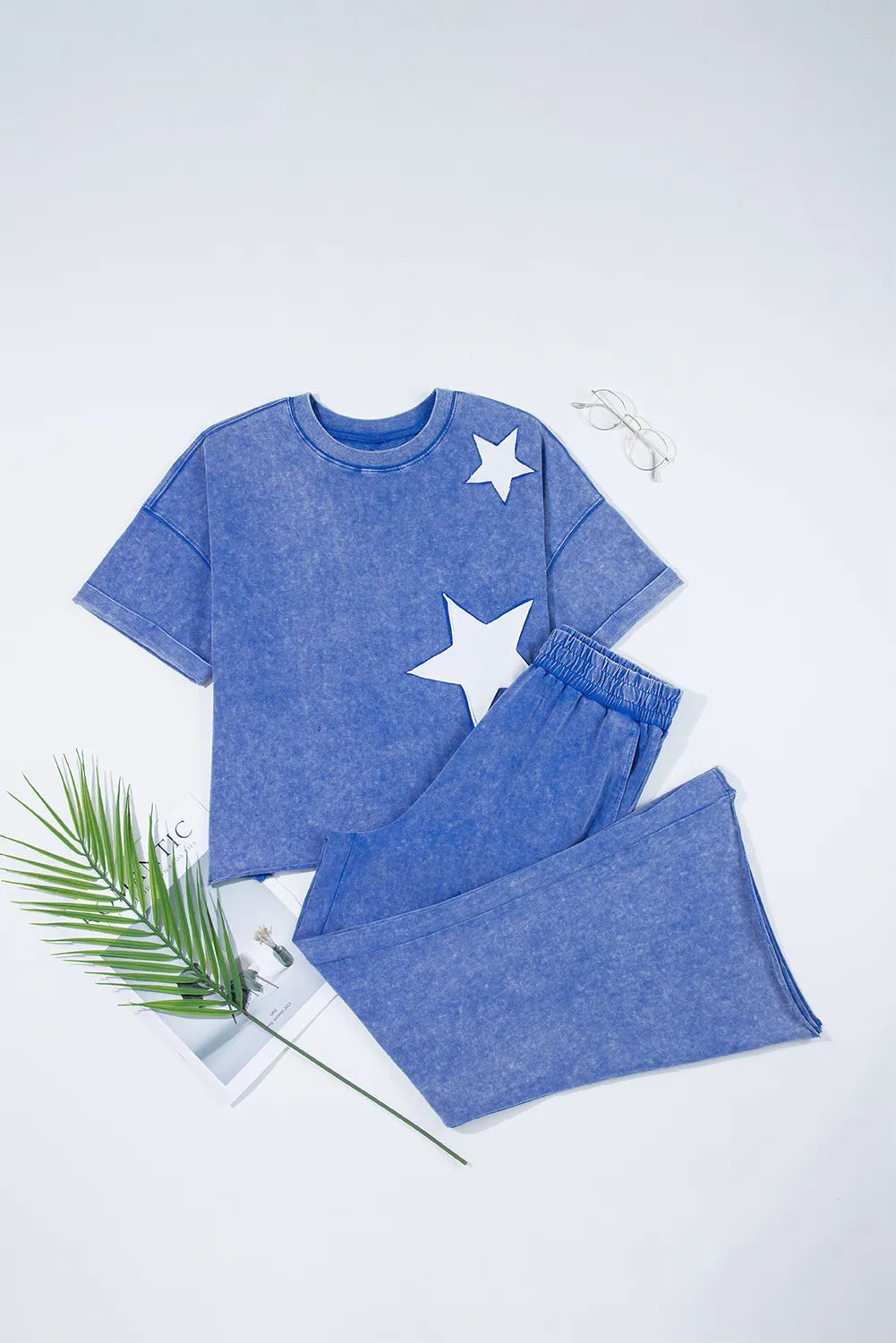 Acid Wash Star Patched Rolled Trim Top and Pants Set - LODIMAE FASHION 
