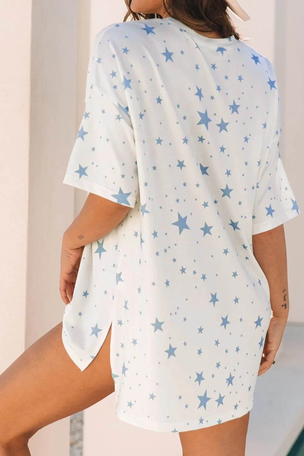 Stars Print Drop Shoulder Oversized T Shirt with Slits - LODIMAE FASHION 
