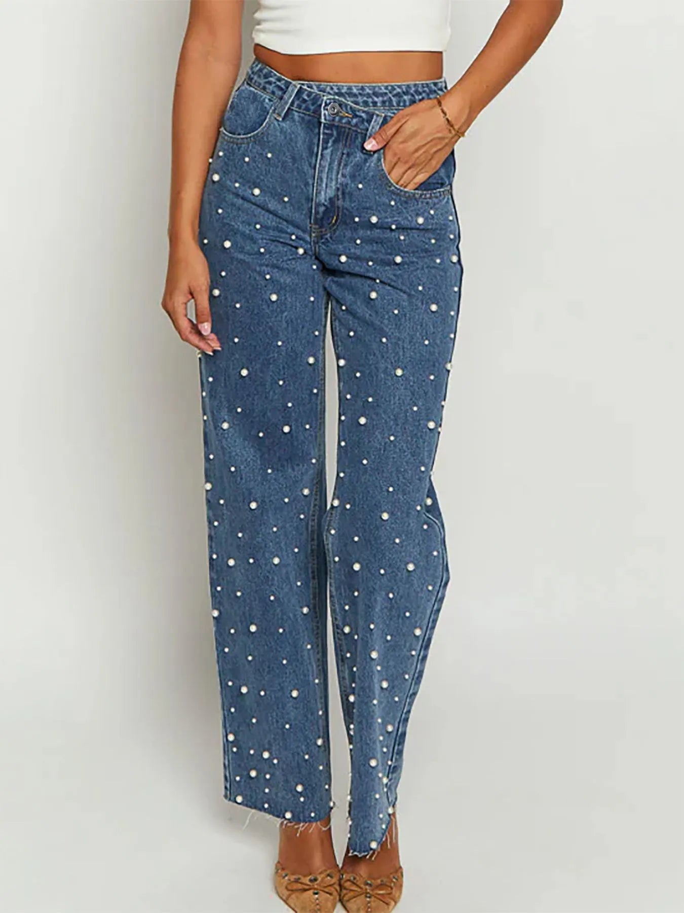 Pearl Embellished High Waist Straight Leg Jeans - LODIMAE FASHION 