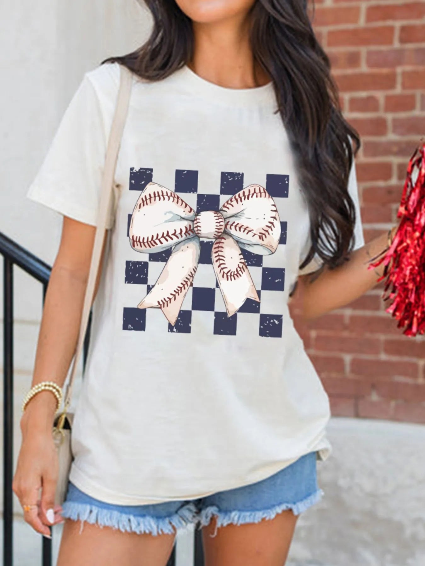 Checkered Bowknot Graphic Crew Neck T Shirt - LODIMAE FASHION 