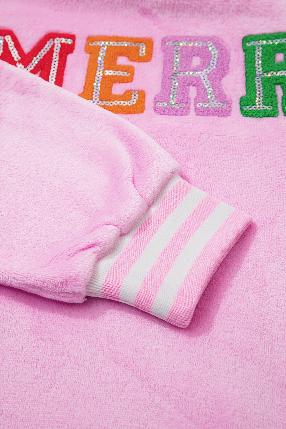 Sachet Pink Merry Letter Pattern Plush Pullover - LODIMAE FASHION 