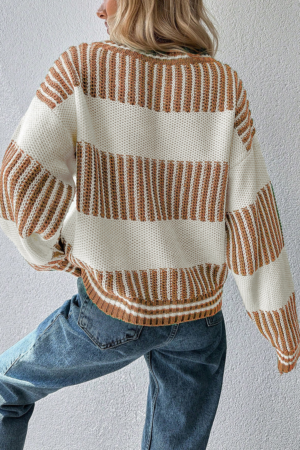 Khaki Two Tone Striped Patchwork Drop Shoulder Sweater - LODIMAE FASHION 