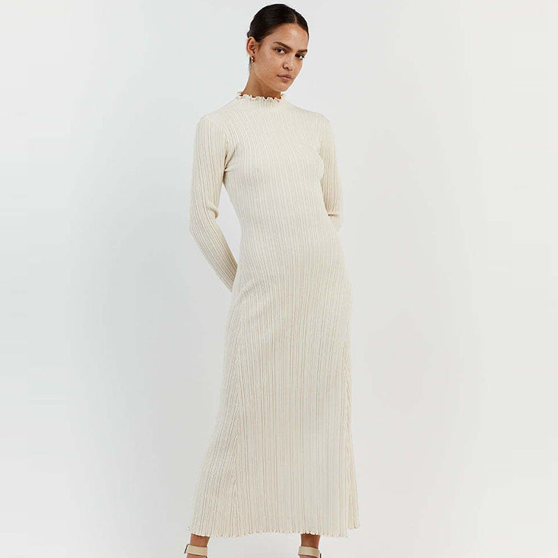Long Sleeve Knitted Wooden Ear Turtleneck Waist-controlled Slim Fit Slimming Dress - LODIMAE FASHION 