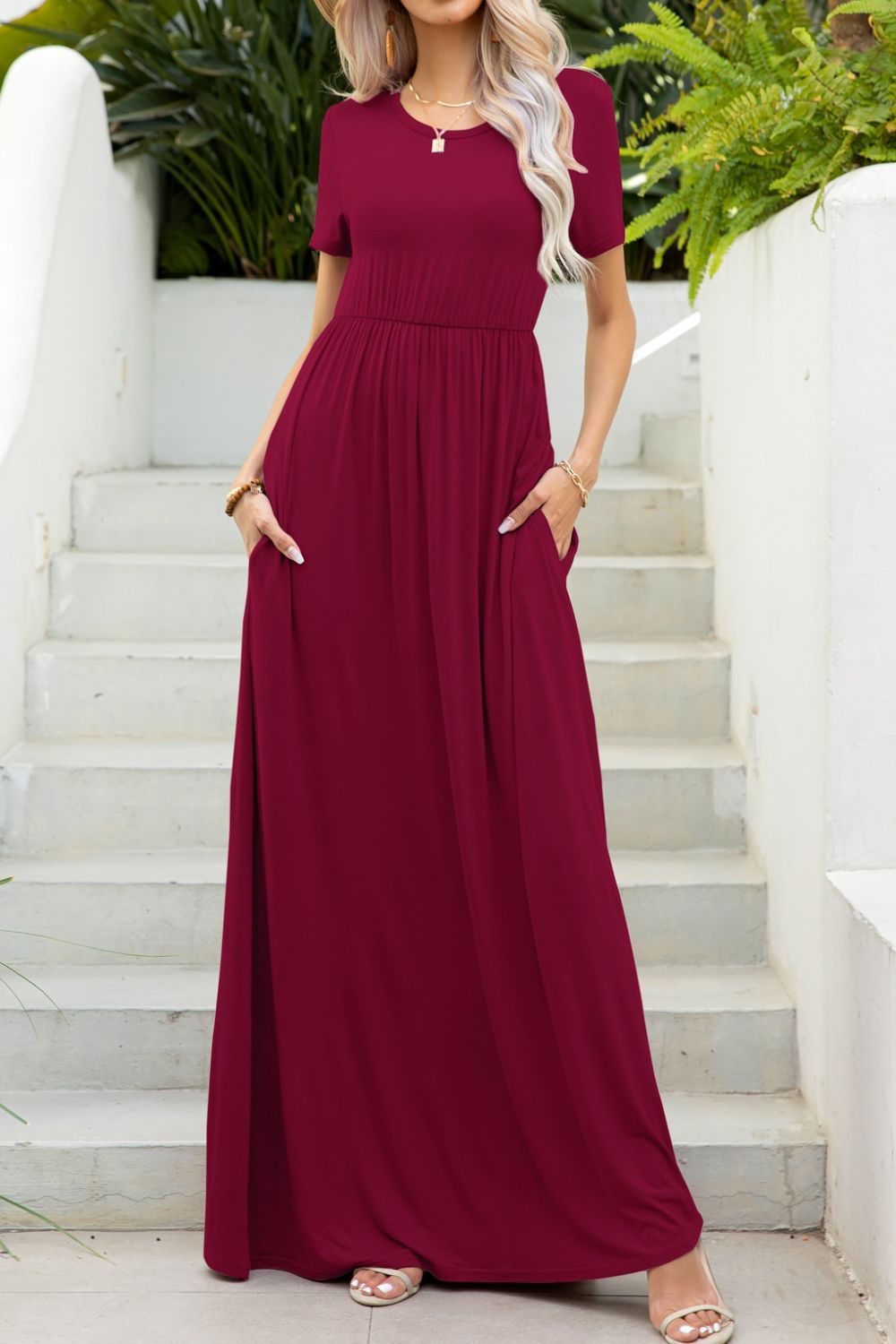 Round Neck Maxi Tee Dress with Pockets - LODIMAE FASHION 