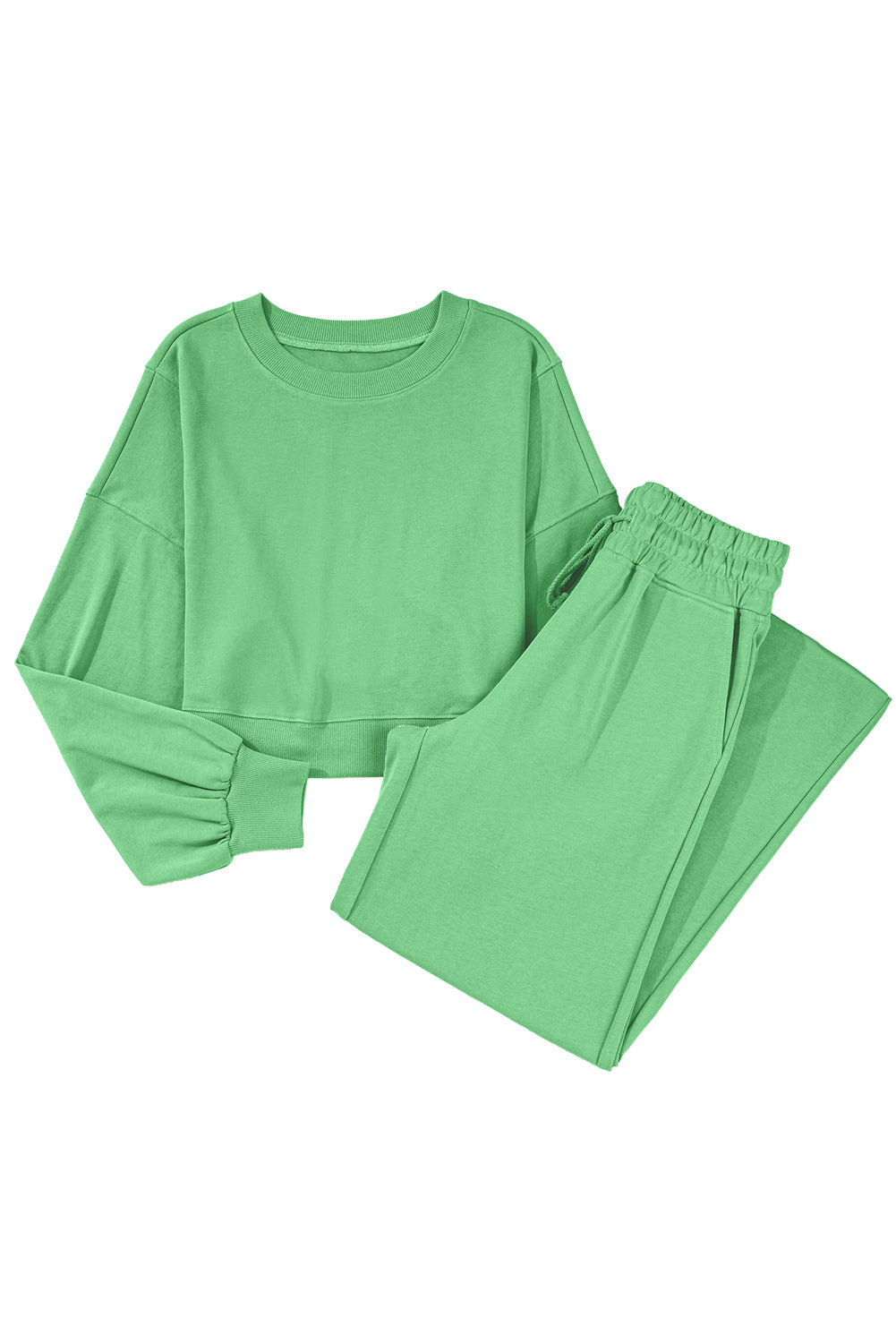 Bright Green Drop Shoulder Crop Pullover Drawstring Wide Leg Pants Set - LODIMAE FASHION 