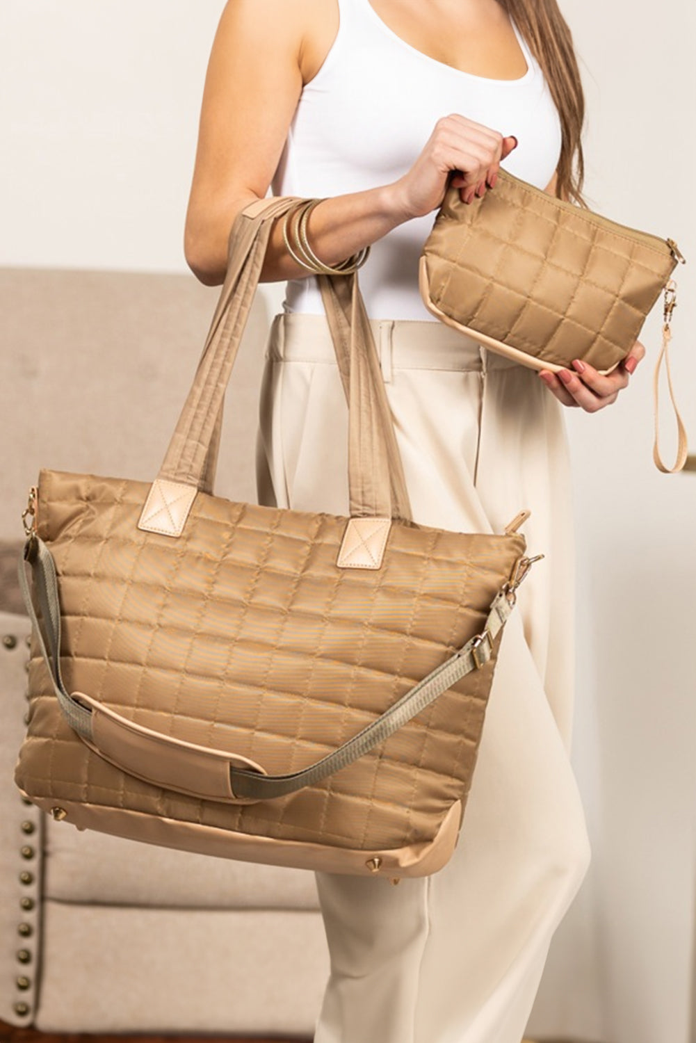 Large Quilted Ladies Laptop Tote Bag and Clutch 2pcs Set - Grace Beauty H&C - LODIMAE FASHION 