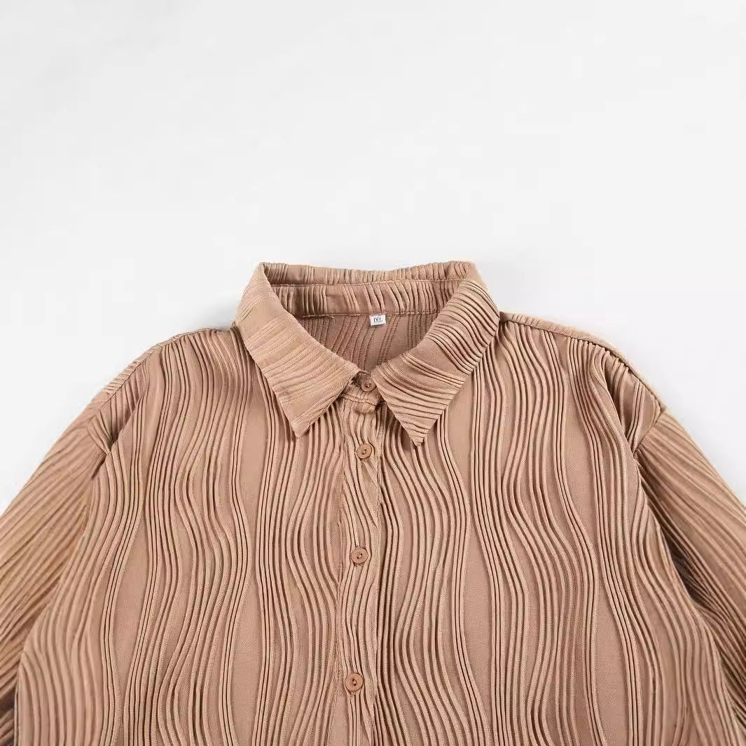 Fashionable Women's Plus Size Shirt With Fold-down Collar And Button Texture - LODIMAE FASHION 