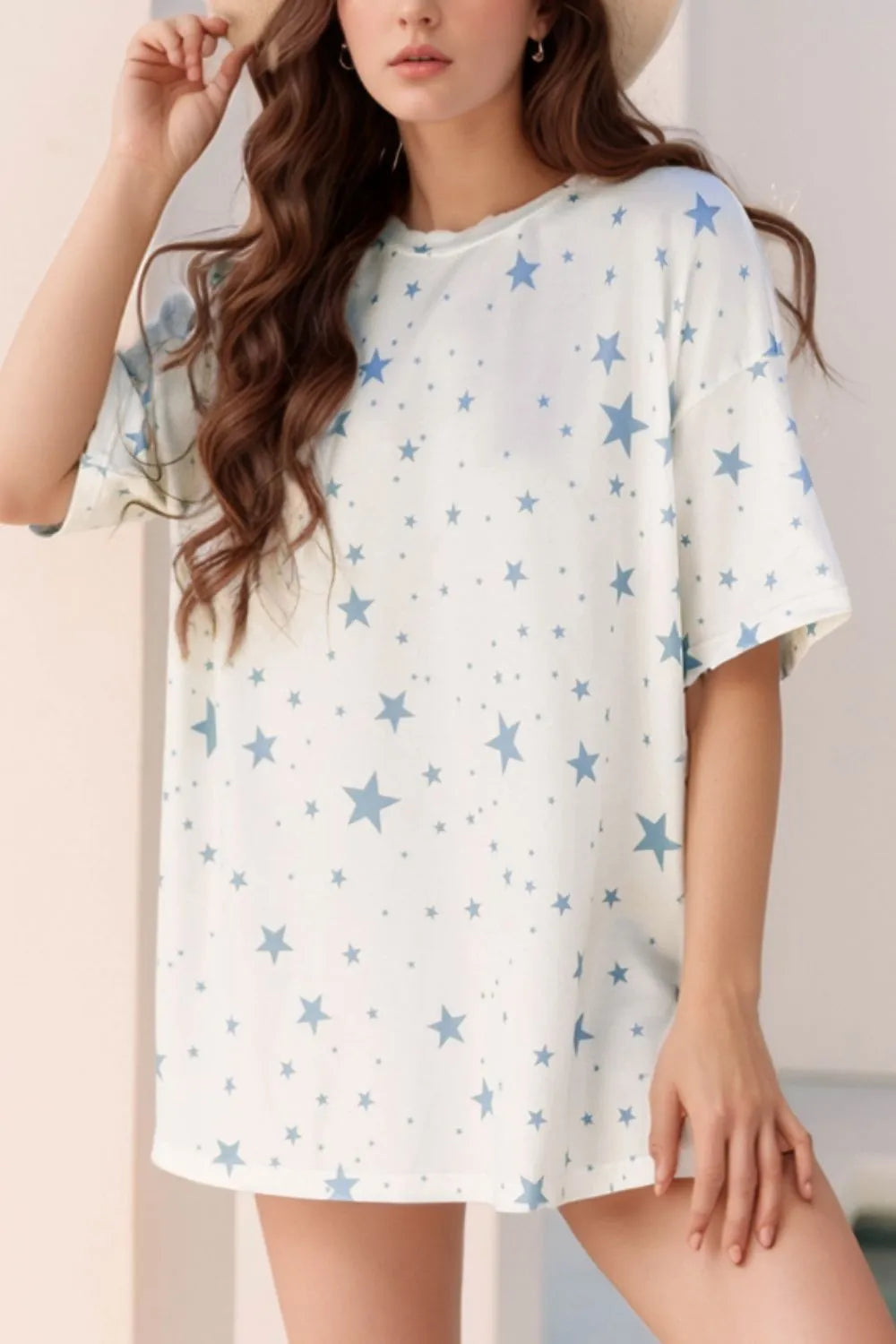 Stars Print Drop Shoulder Oversized T Shirt with Slits - LODIMAE FASHION 