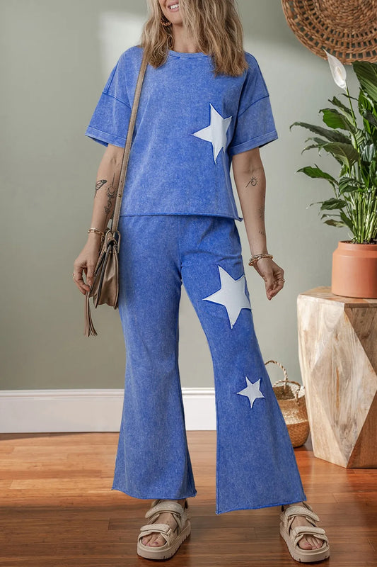 Acid Wash Star Patched Rolled Trim Top and Pants Set - LODIMAE FASHION 
