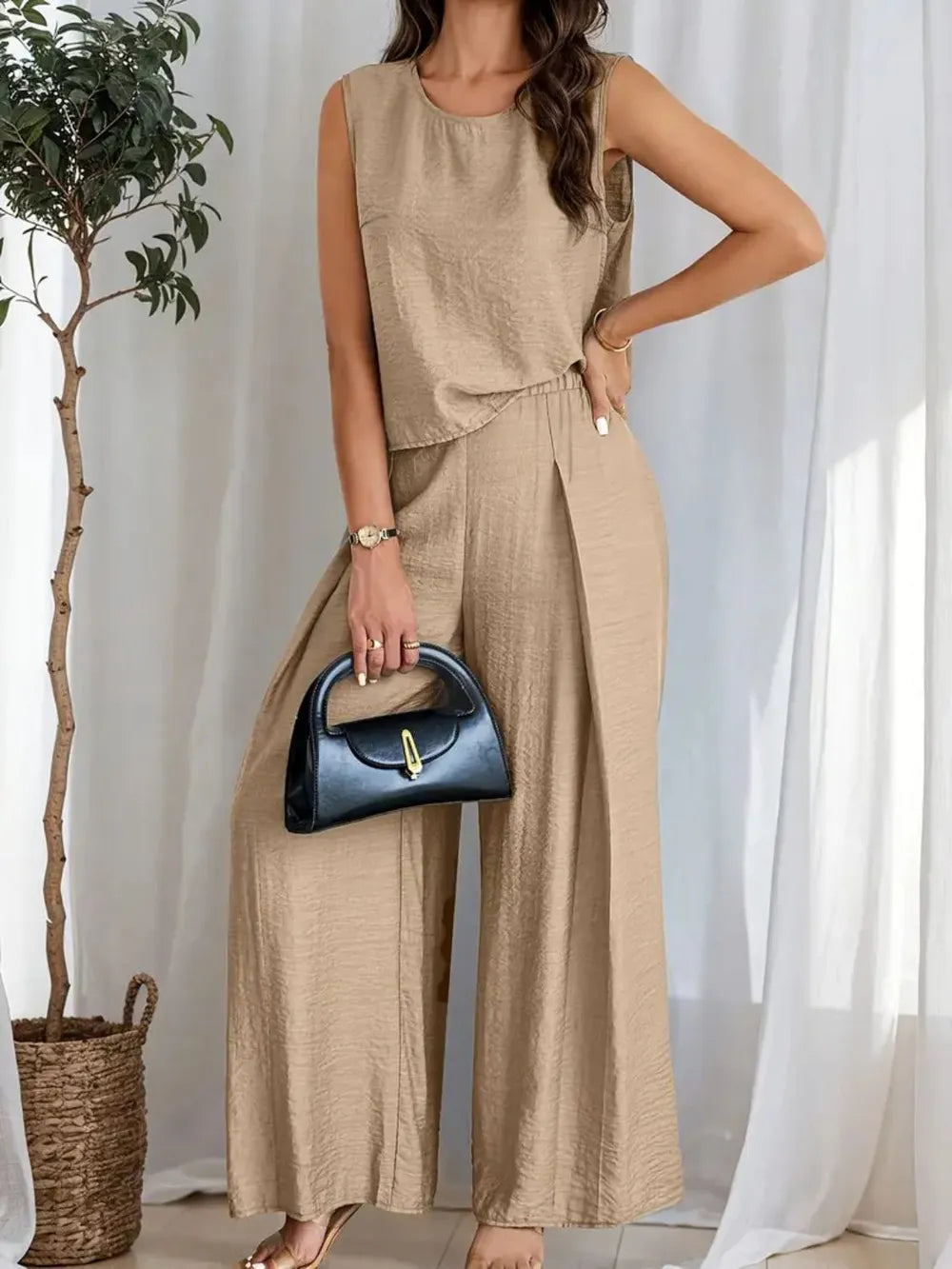 Round Neck Sleeveless Top and Wide Leg Pants Set - LODIMAE FASHION 