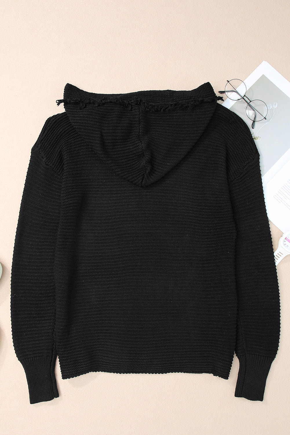 Black Split V Neck Pullover Knit Hooded Sweater - LODIMAE FASHION 