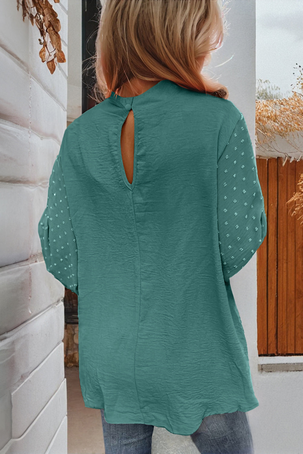 Russet Orange Swiss Dot Balloon Sleeve Patchwork Crinkle Blouse - LODIMAE FASHION 