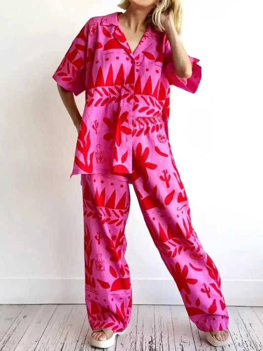 Printed Button Up Shirt and Pants Set - LODIMAE FASHION 