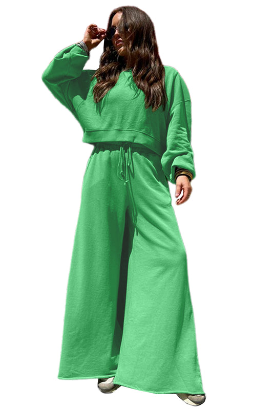 Bright Green Drop Shoulder Crop Pullover Drawstring Wide Leg Pants Set - LODIMAE FASHION 
