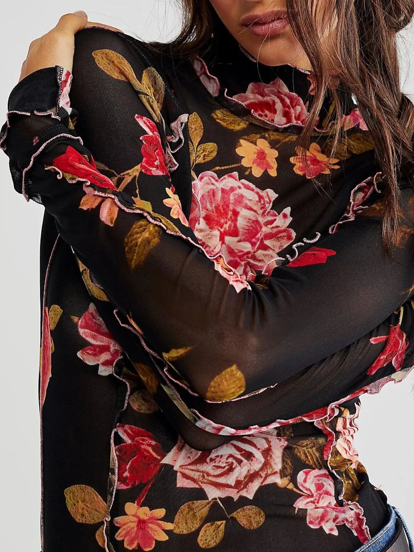Floral Print Mock Neck Long Sleeve Top - LODIMAE FASHION 