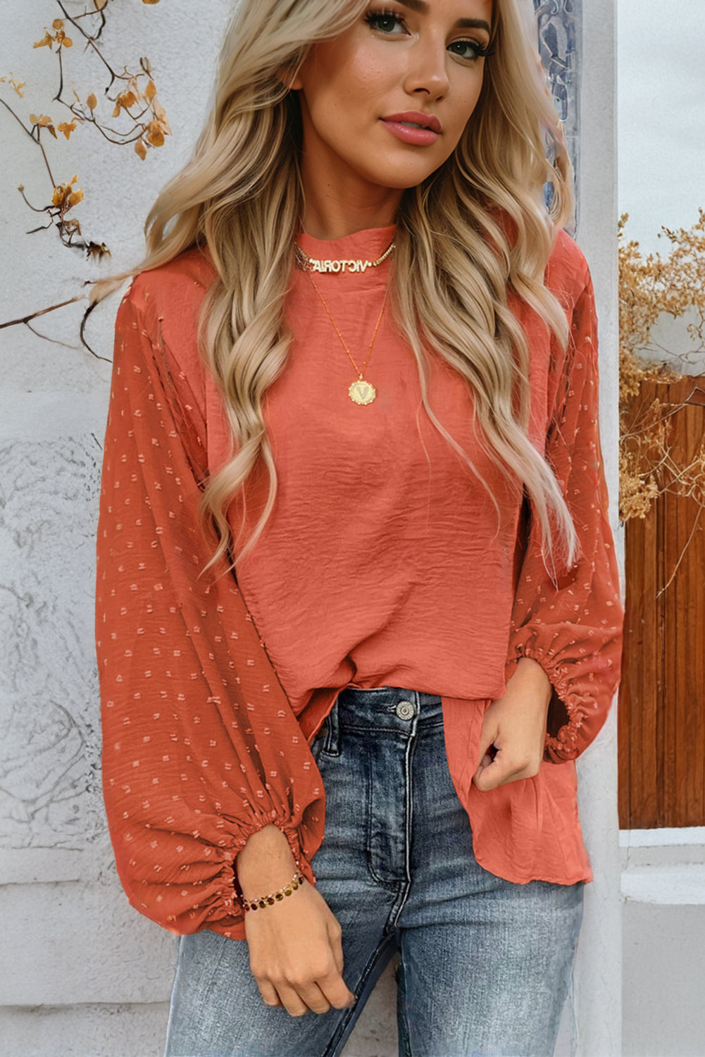 Russet Orange Swiss Dot Balloon Sleeve Patchwork Crinkle Blouse - LODIMAE FASHION 