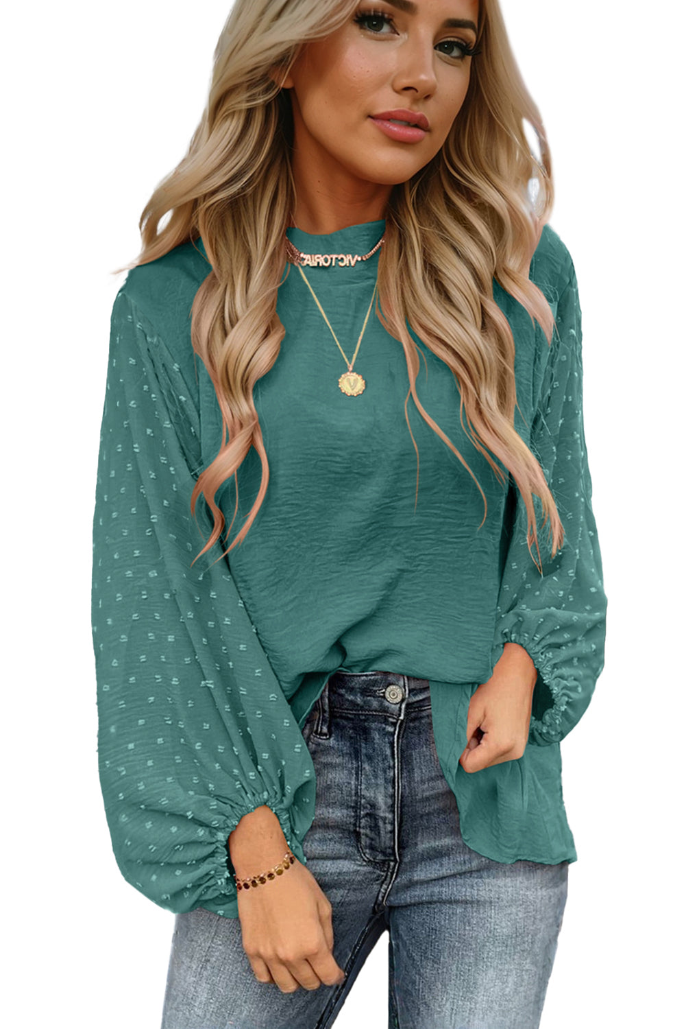 Russet Orange Swiss Dot Balloon Sleeve Patchwork Crinkle Blouse - LODIMAE FASHION 