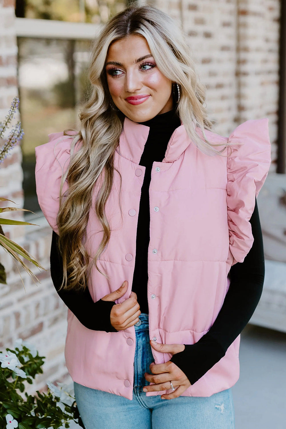Pink Stand Neck Flutter Sleeve Snap Button Puffer Vest - LODIMAE FASHION 