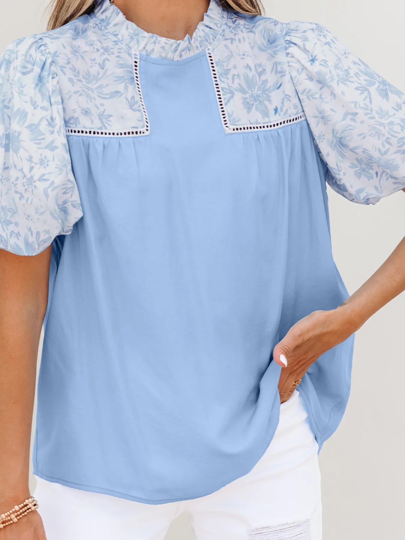 Lace Insert Floral Puff Sleeve Patchwork Loose Blouse - LODIMAE FASHION 