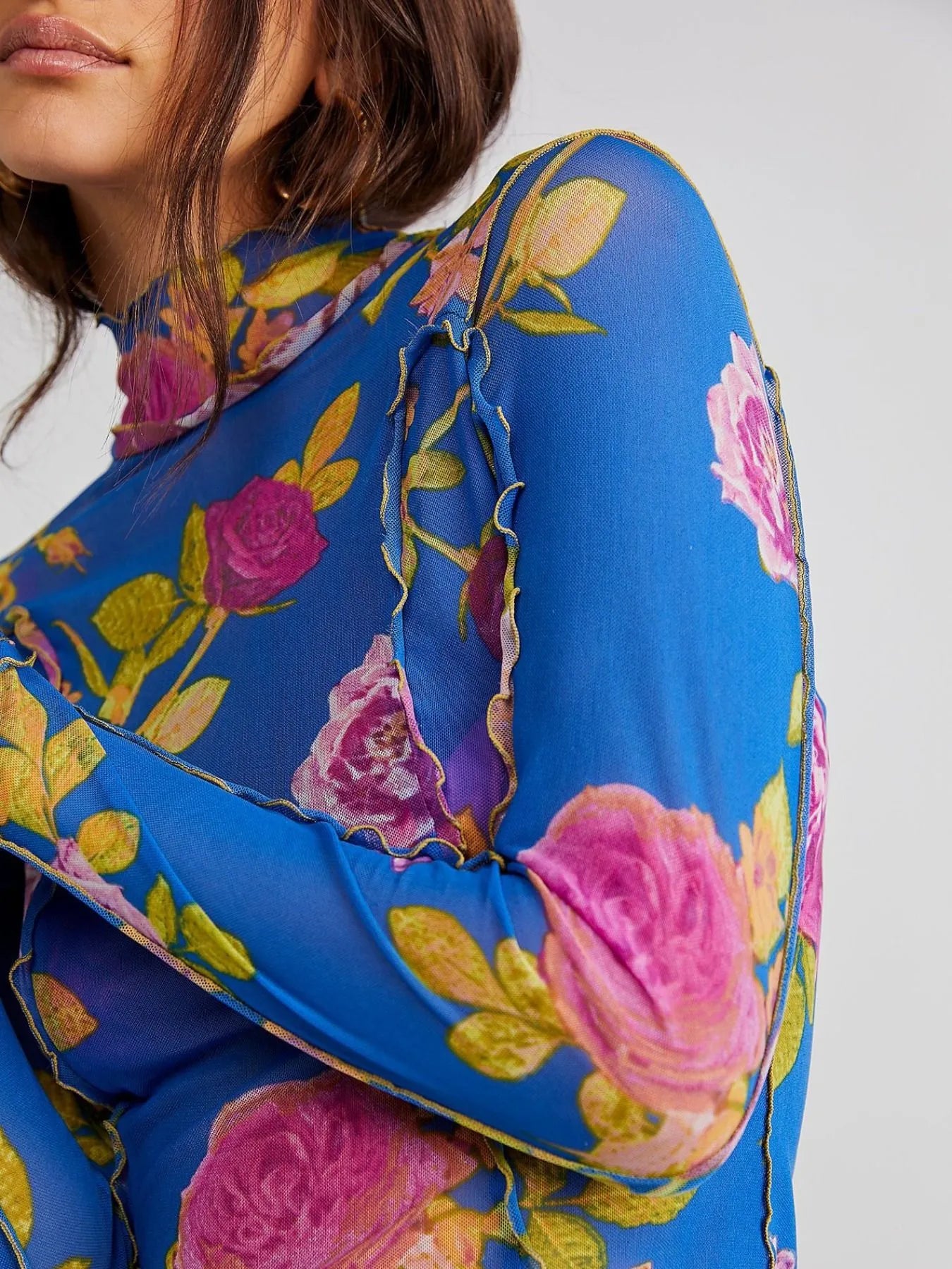 Floral Print Mock Neck Long Sleeve Top - LODIMAE FASHION 