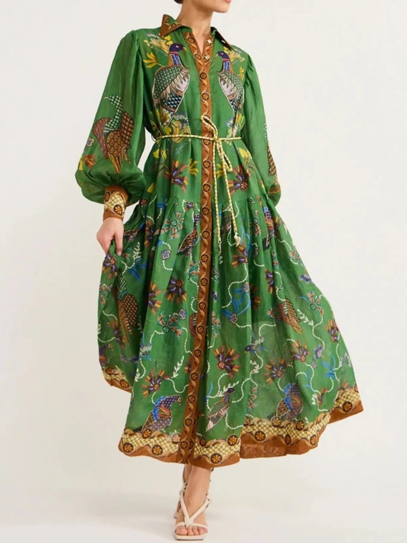 Printed Lantern Sleeve Maxi Shirt Dress - LODIMAE FASHION 