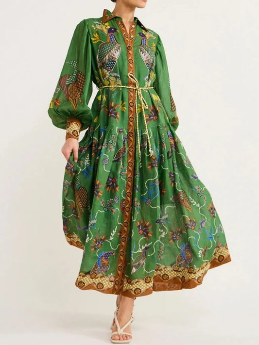 Printed Lantern Sleeve Maxi Shirt Dress - LODIMAE FASHION 