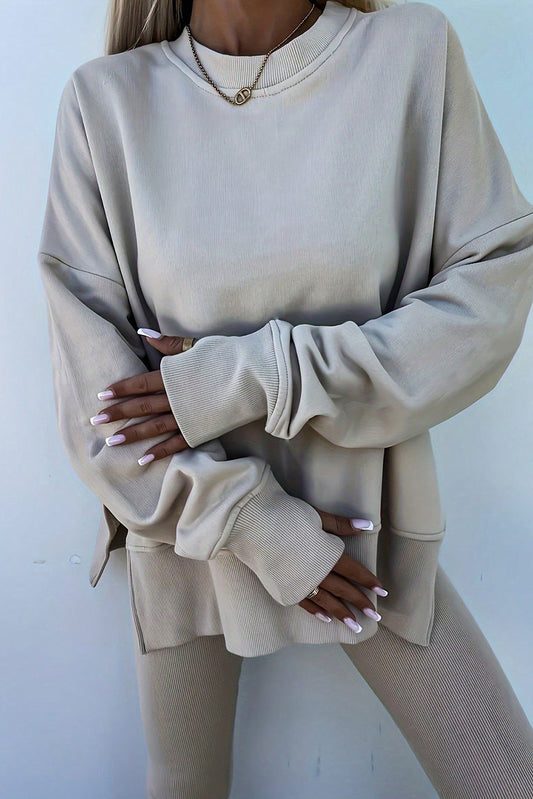Jet Stream Solid Color Oversize Slit Sweatshirt Ribbed Leggings Set - LODIMAE FASHION 