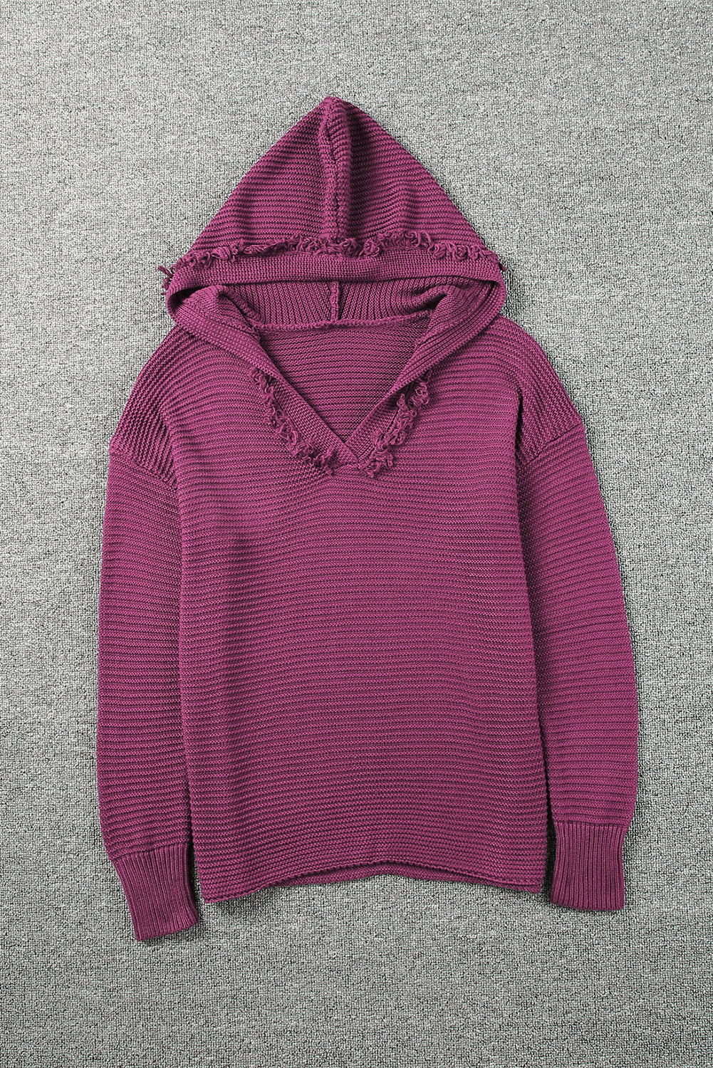 Black Split V Neck Pullover Knit Hooded Sweater - LODIMAE FASHION 