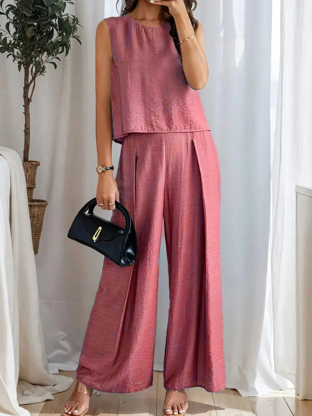 Round Neck Sleeveless Top and Wide Leg Pants Set - LODIMAE FASHION 