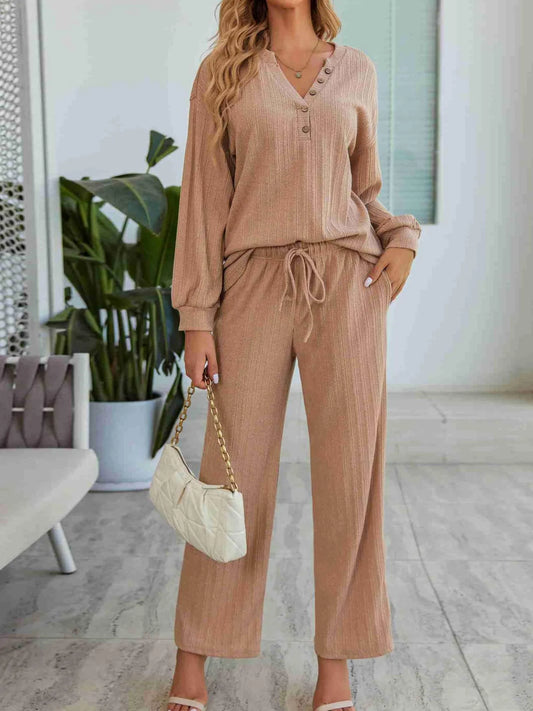 Ribbed Knit Top and Pants Lounge Set with Button Detail - LODIMAE FASHION 