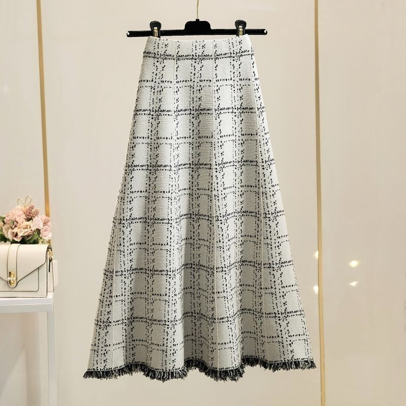 Fringed checkered skirt for women, high-waisted umbrella skirt for autumn and winter, elegant mid-length A-line knitted large hem skirt, versatile and slimming - LODIMAE FASHION 