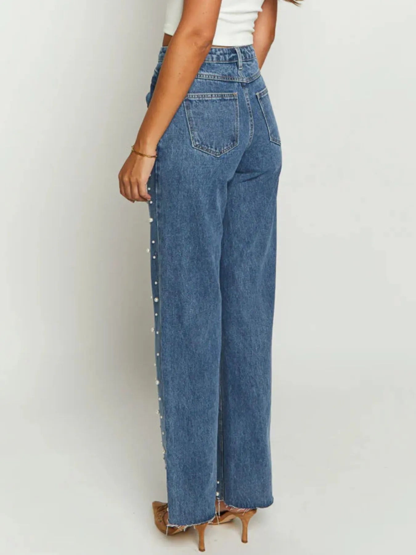 Pearl Embellished High Waist Straight Leg Jeans - LODIMAE FASHION 