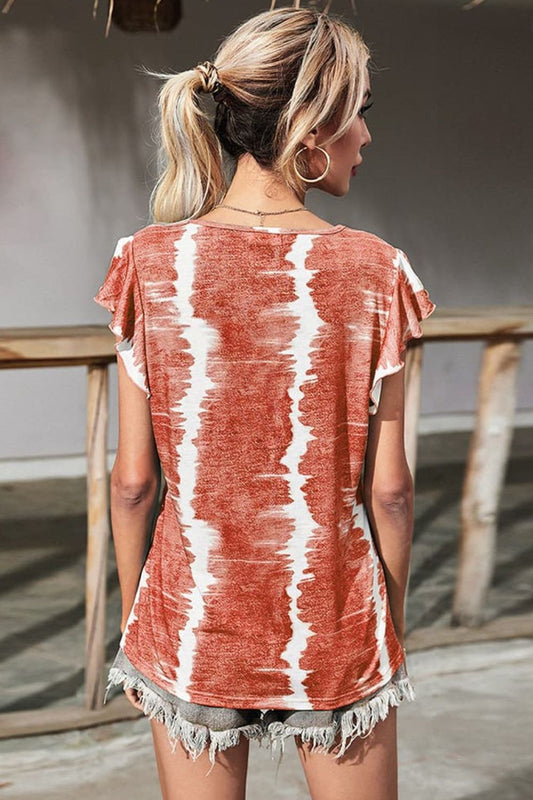 Shiny Tie-Dye Buttoned Flutter Sleeve Blouse - LODIMAE FASHION 