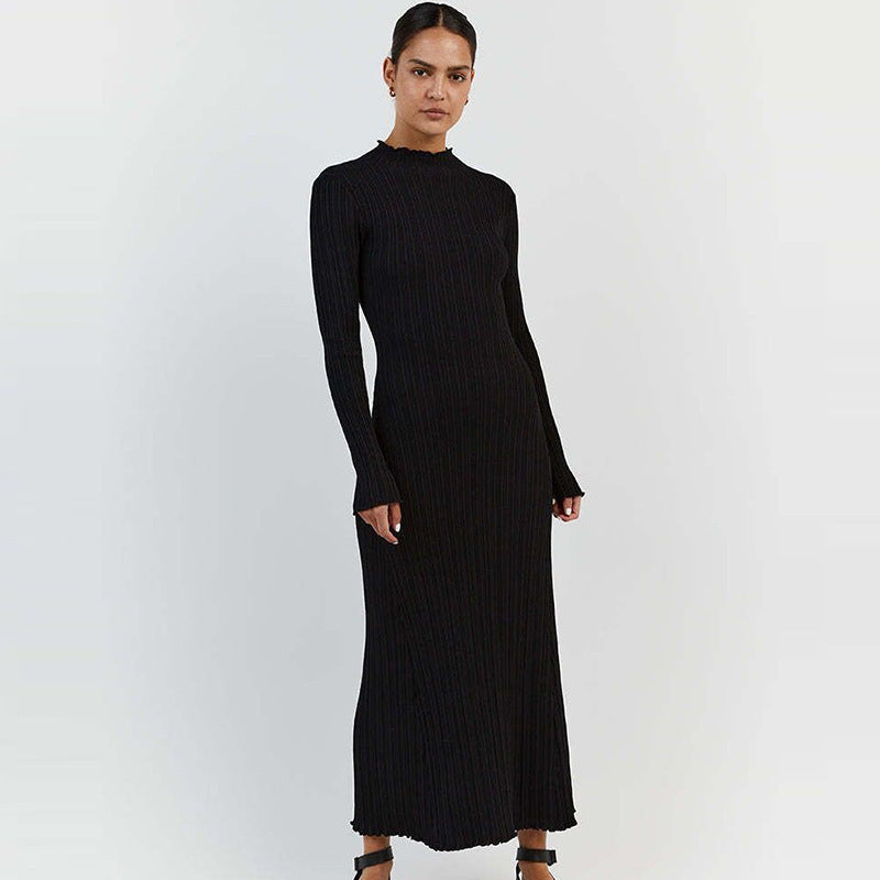 Long Sleeve Knitted Wooden Ear Turtleneck Waist-controlled Slim Fit Slimming Dress - LODIMAE FASHION 