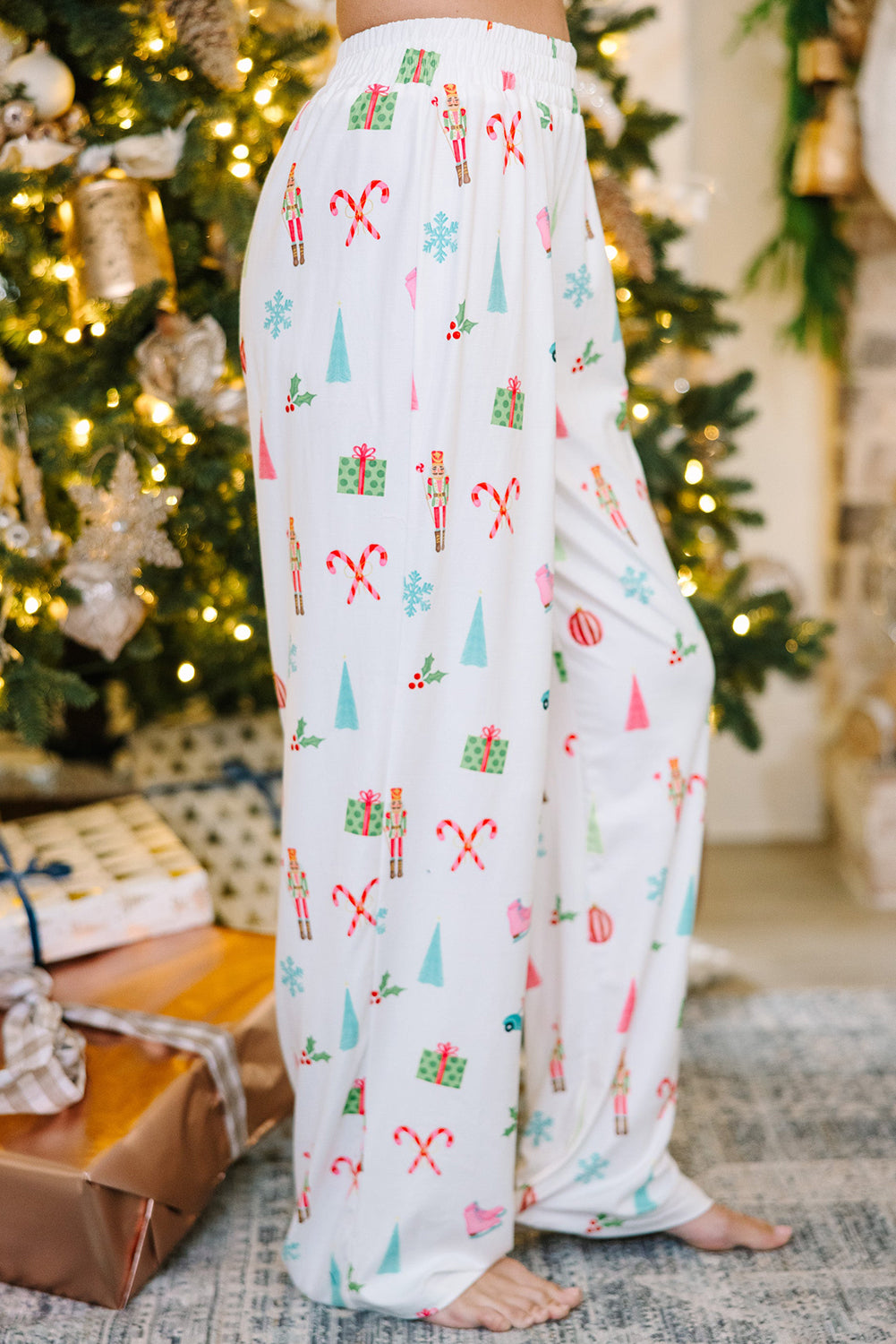 White Christmas Print Lapel Shirt and Pants Pajama Set - LODIMAE FASHION 