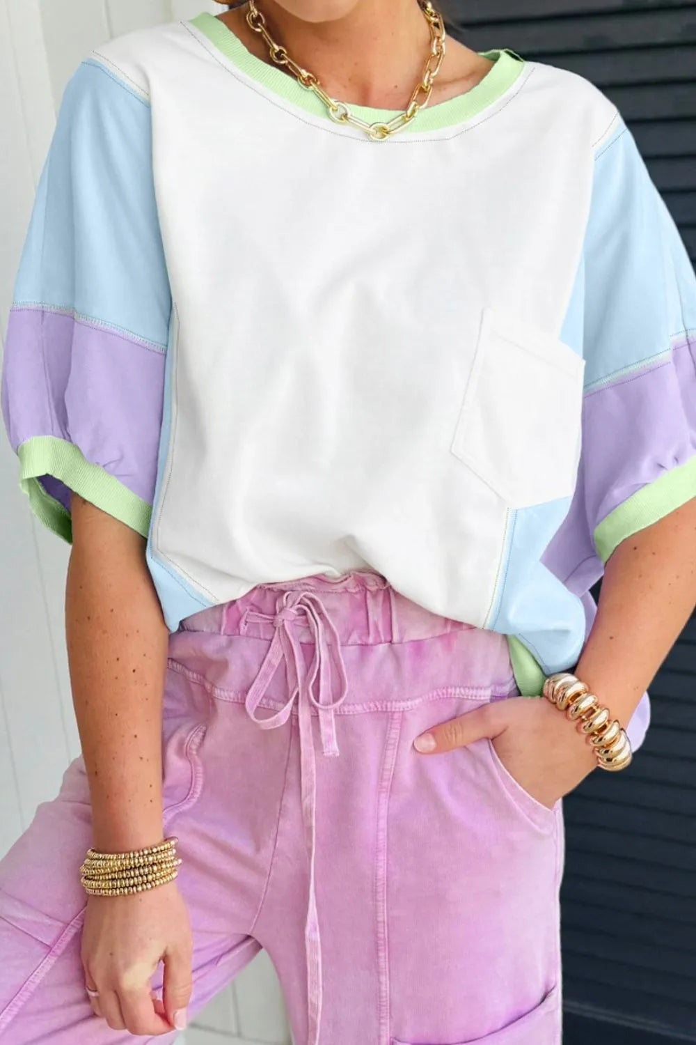 Color Block Patchwork Half Sleeve Oversized T Shirt - LODIMAE FASHION 