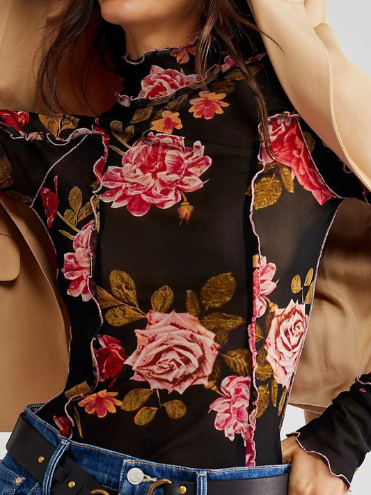 Floral Print Mock Neck Long Sleeve Top - LODIMAE FASHION 