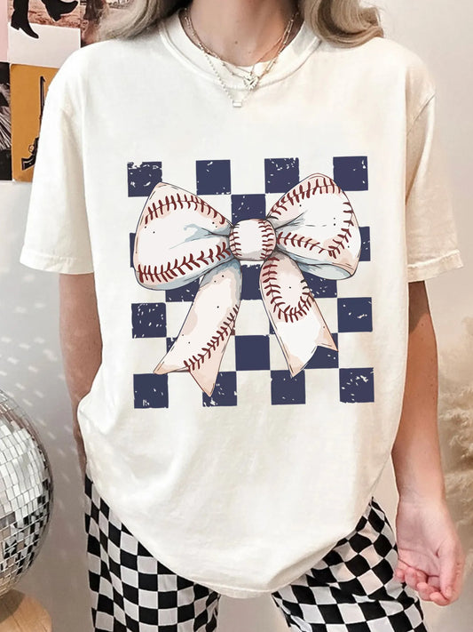 Checkered Bowknot Graphic Crew Neck T Shirt - LODIMAE FASHION 
