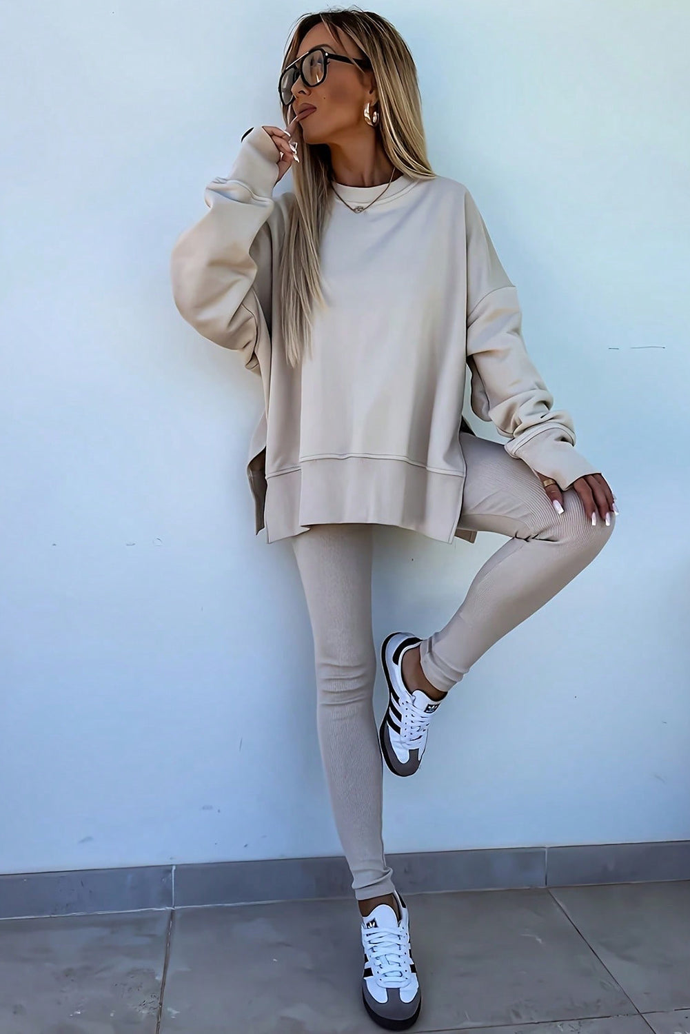 Jet Stream Solid Color Oversize Slit Sweatshirt Ribbed Leggings Set - LODIMAE FASHION 