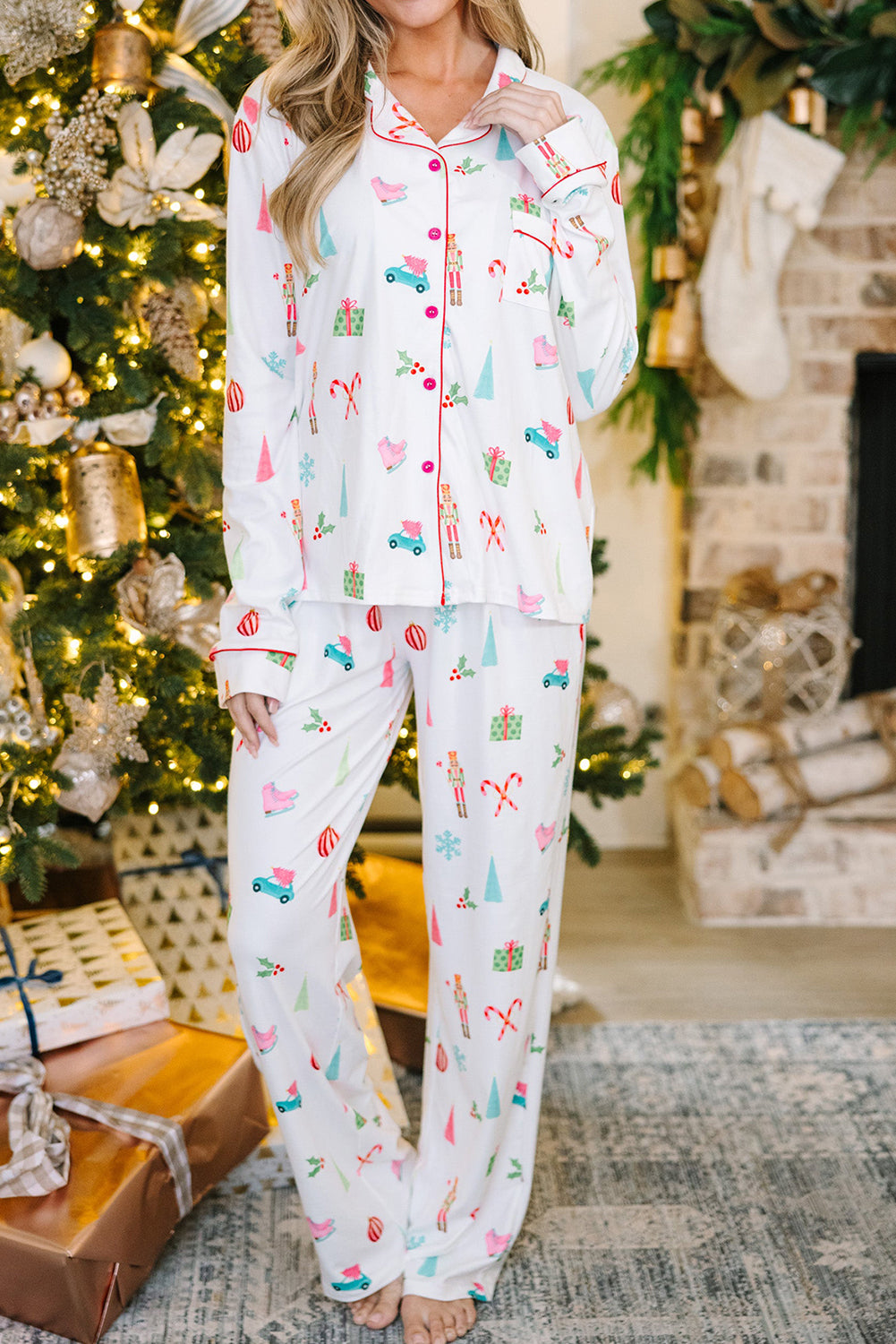 White Christmas Print Lapel Shirt and Pants Pajama Set - LODIMAE FASHION 