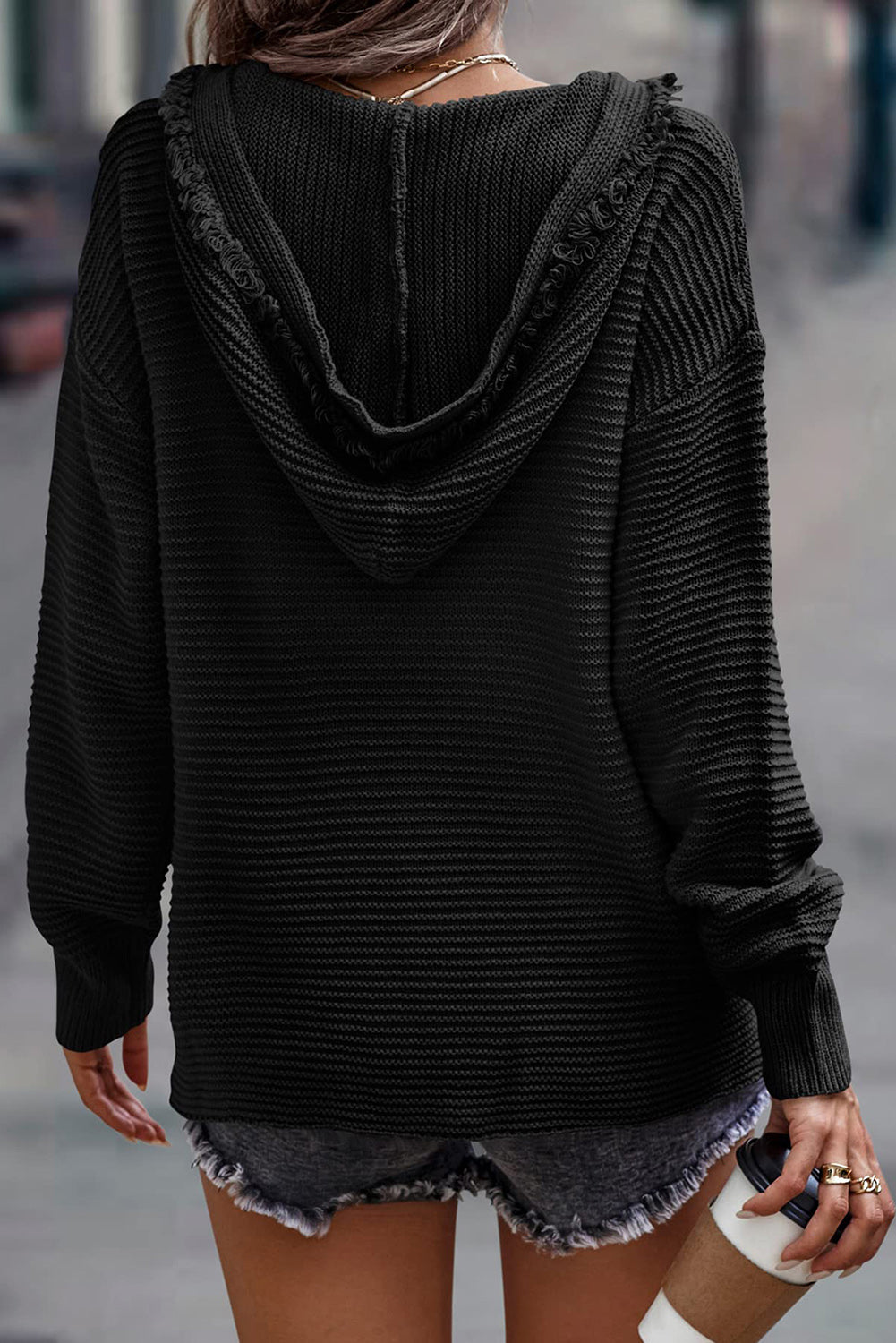 Black Split V Neck Pullover Knit Hooded Sweater - LODIMAE FASHION 