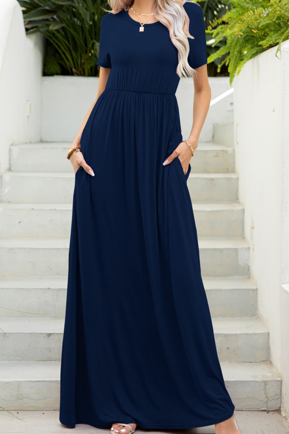 Round Neck Maxi Tee Dress with Pockets - LODIMAE FASHION 