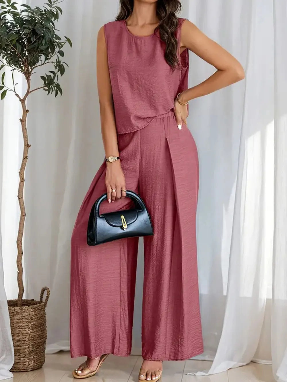 Round Neck Sleeveless Top and Wide Leg Pants Set - LODIMAE FASHION 