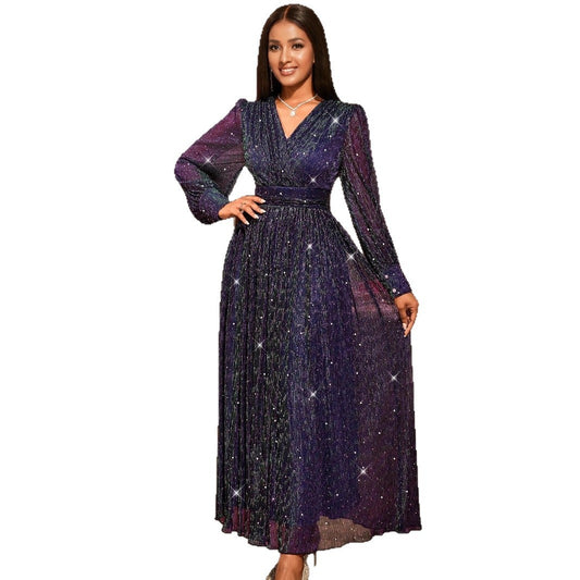 Sexy V-neck Sequined Long Sleeve Dress Purple Slim Fit - LODIMAE FASHION 